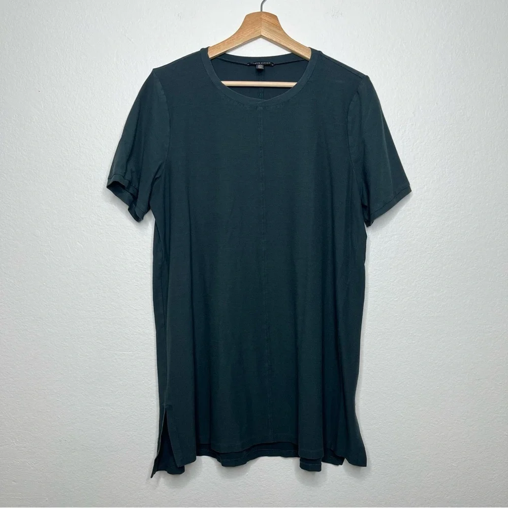 Eileen Fisher Lightweight Washable Stretch Crepe Crew Tunic Forest Night Large